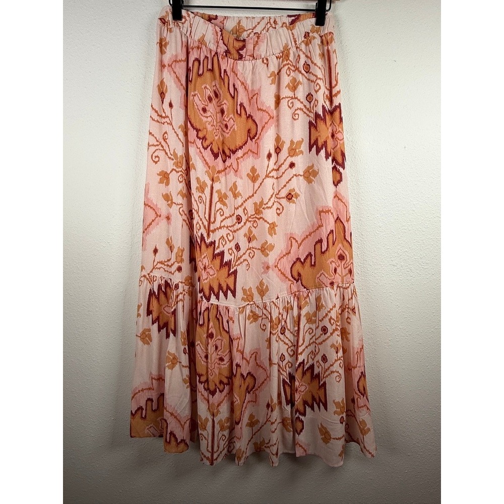 Spartina Womens Large Pink Ikat Floral Tiered Ruffle‎ Maxi Skirt Elastic Waist